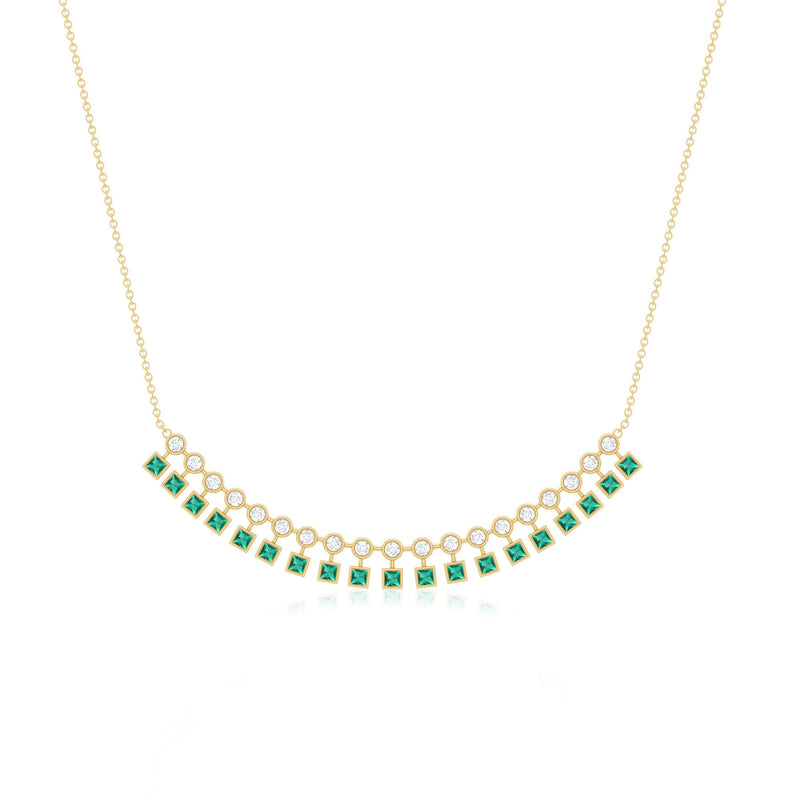 Certified lab-grown emerald curved bar pendant necklace by Rosec Jewels, featuring a sleek design with a vibrant green gemstone.