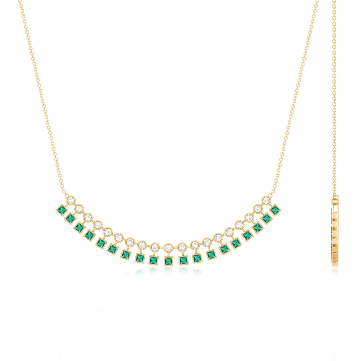 Lab grown emerald curved bar pendant necklace by Rosec Jewels, featuring a sleek green gemstone design.
