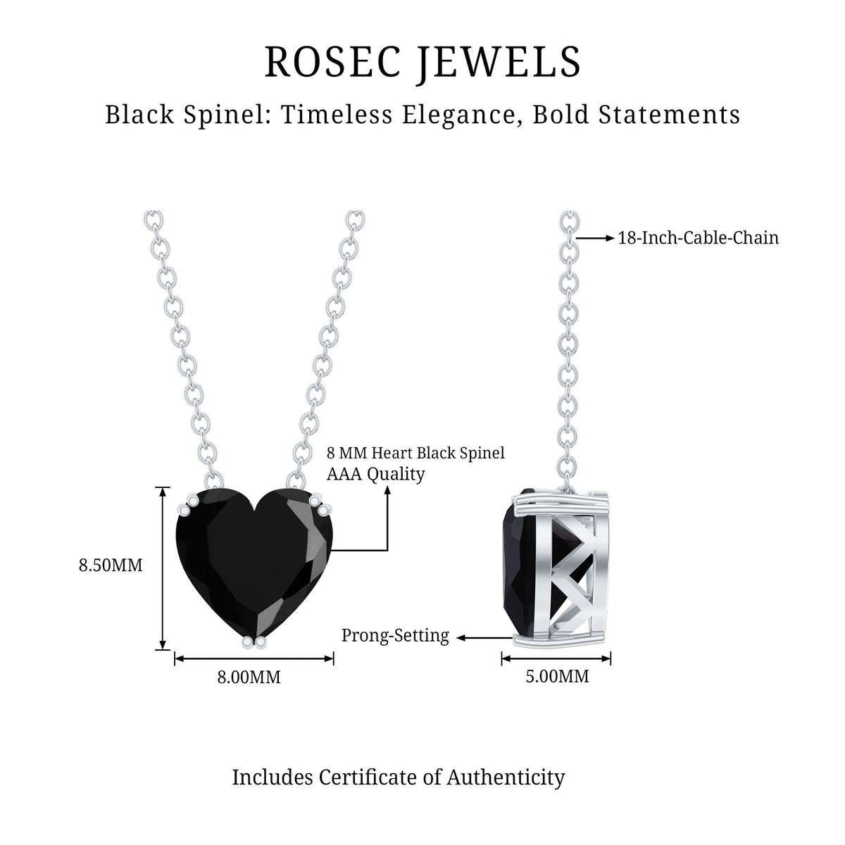 Heart-shaped black spinel pendant in a double prong setting, 2 carats, from Rosec Jewels, showcasing elegant jewelry design.