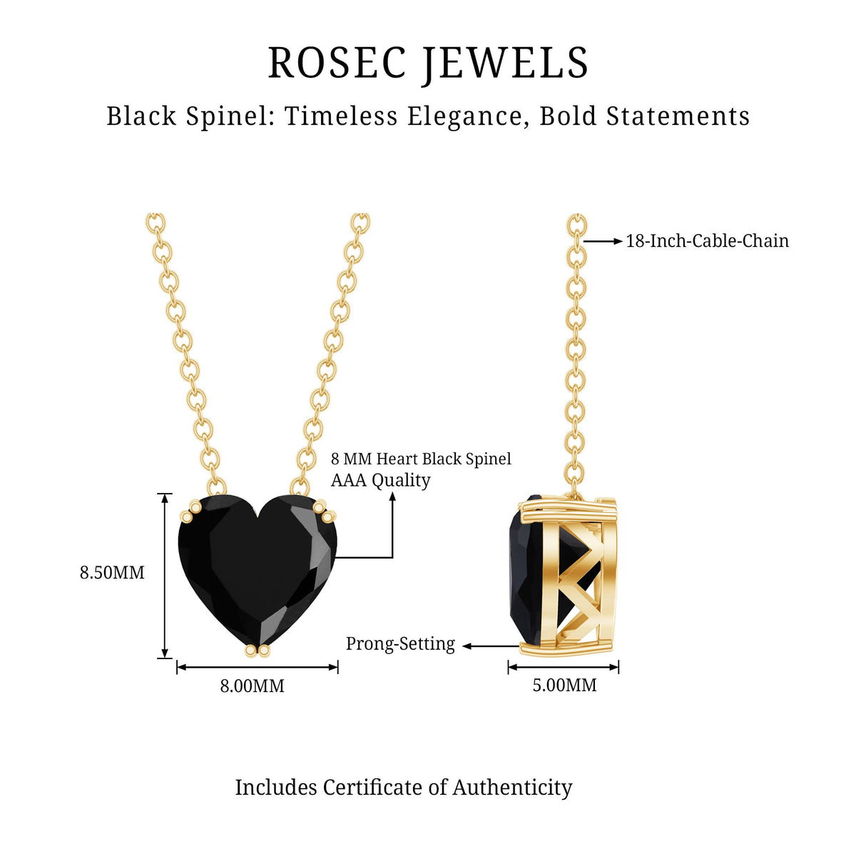Heart-shaped black spinel solitaire pendant in a double prong setting, featuring a 2 carat black spinel gemstone.