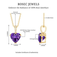 Certified Solitaire Amethyst Heart Necklace with Diamond