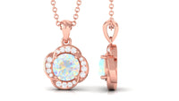 0.8 Carat Round Shape Ethiopian Opal and Diamond Flower Necklace