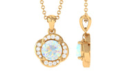 0.8 Carat Round Shape Ethiopian Opal and Diamond Flower Necklace