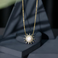 Natural Freshwater Pearl and Diamond Sunburst Pendant Necklace