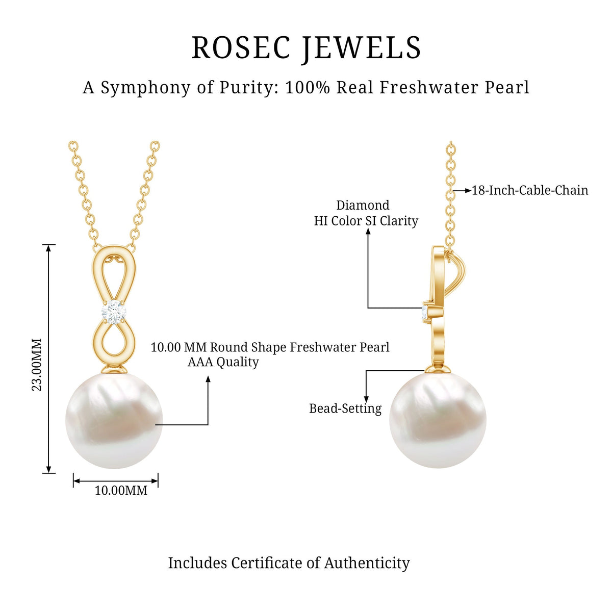 10 MM Round Freshwater Pearl Drop Infinity Pendant with Diamond