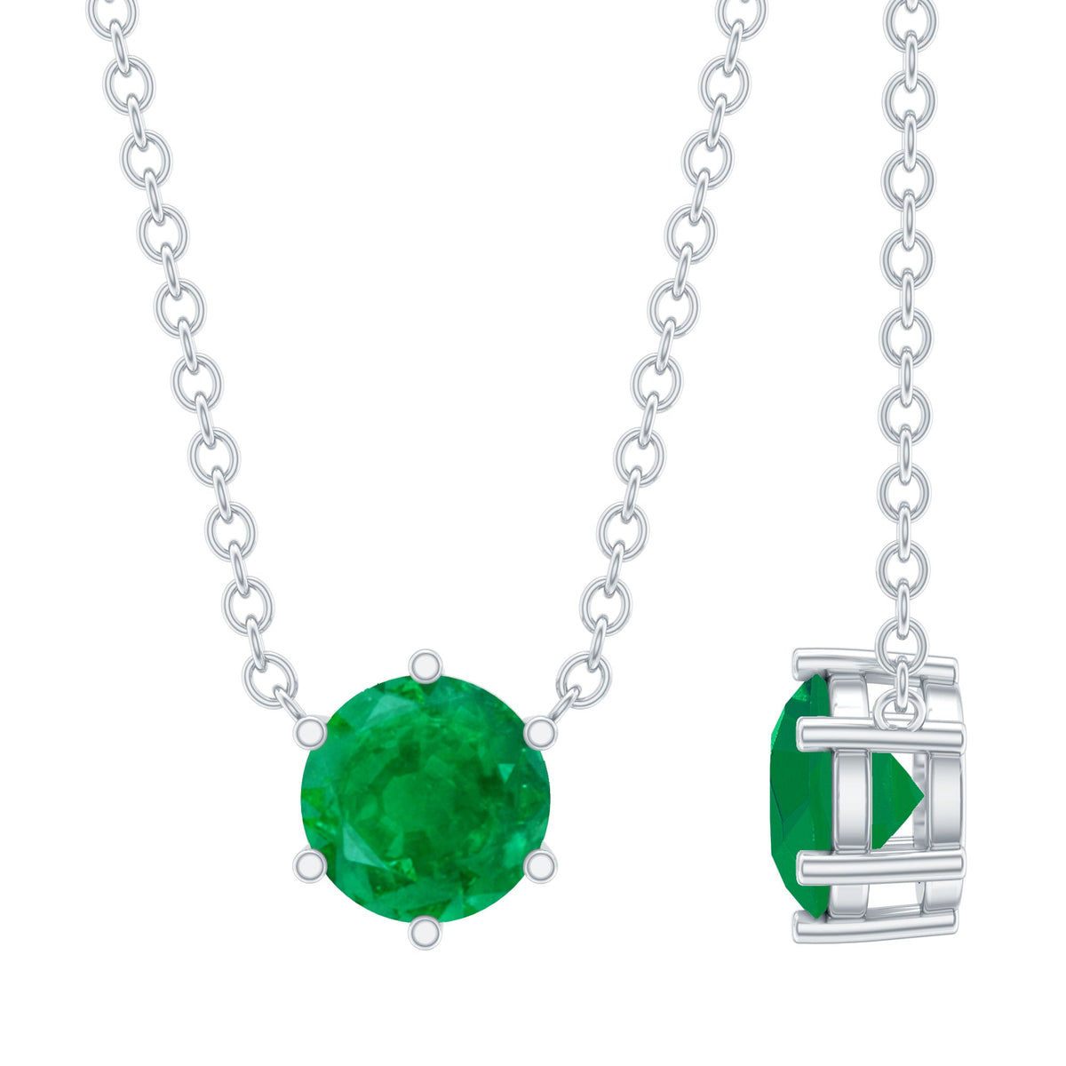 5mm round cut solitaire emerald pendant in 6 prong setting by Rosec Jewels, showcasing a sparkling green gemstone on a delicate chain.