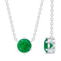 5mm round cut solitaire emerald pendant in 6 prong setting by Rosec Jewels, showcasing a sparkling green gemstone on a delicate chain.