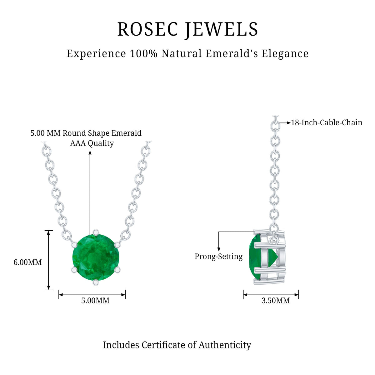 5mm round cut emerald pendant in 6 prong setting, featuring a solitaire design by Rosec Jewels
