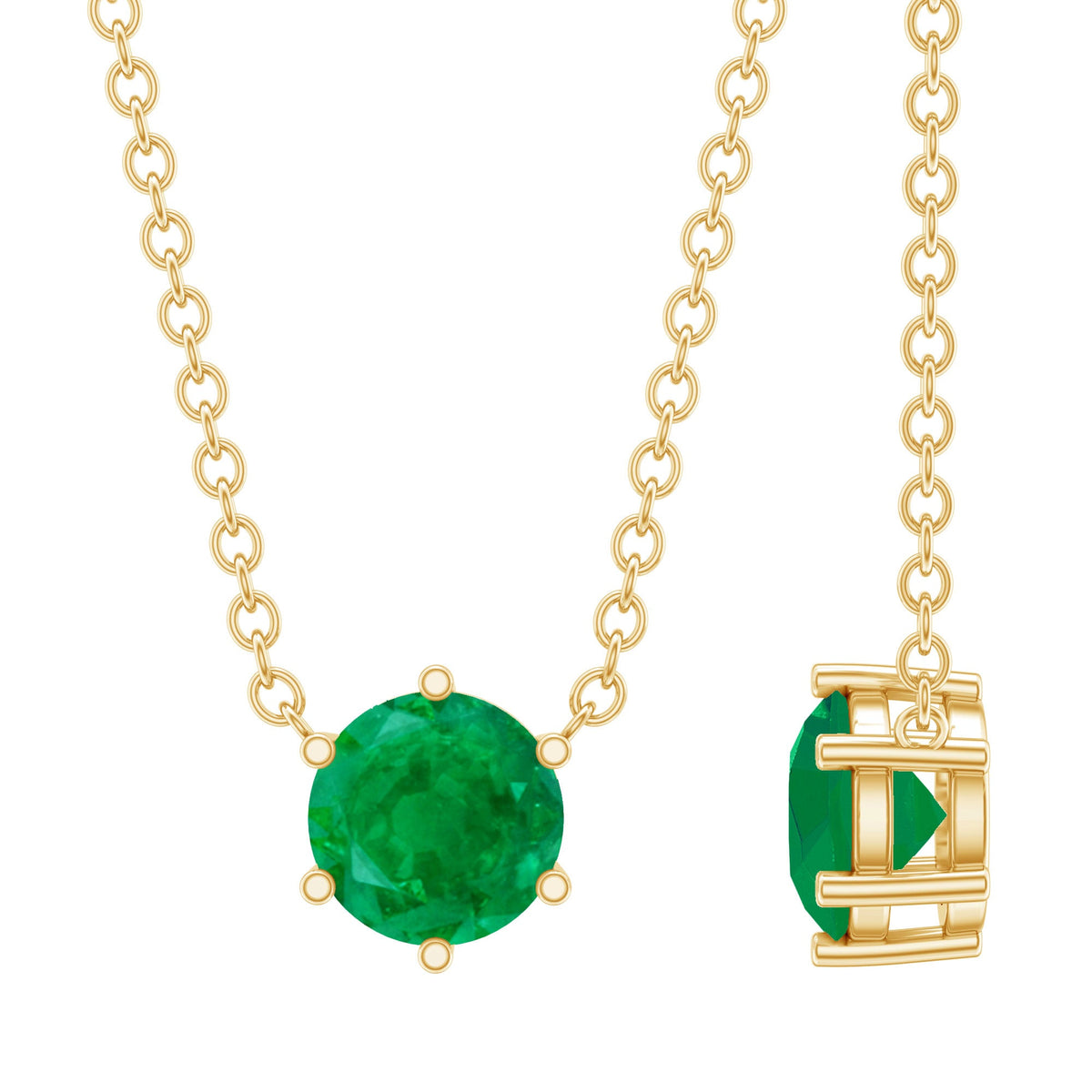 Rosec Jewels 5mm round cut solitaire emerald pendant in a 6 prong setting, showcasing a sparkling green gemstone necklace.