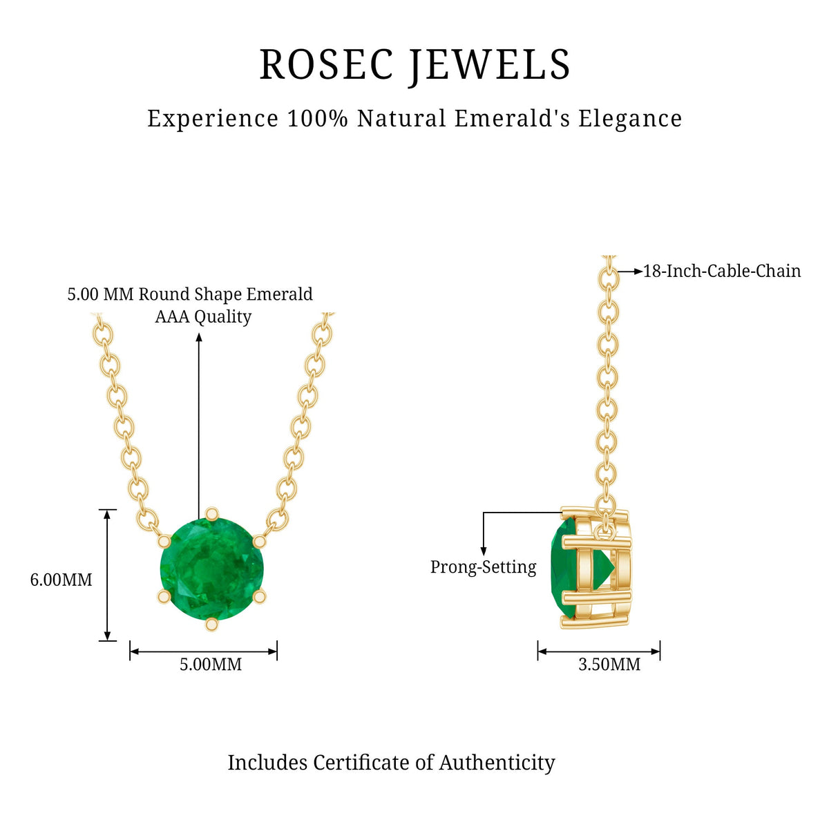 Gold pendant featuring a 5mm round cut emerald gemstone in a 6 prong solitaire setting by Rosec Jewels.