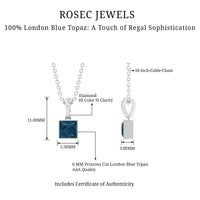 1 Carat Princess Cut London Blue Topaz Pendant with Diamond