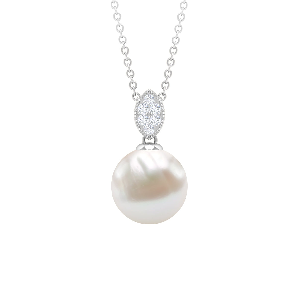 Marquise-shaped pendant by Rosec Jewels featuring a freshwater pearl drop and diamond accents, elegant jewelry pendant.