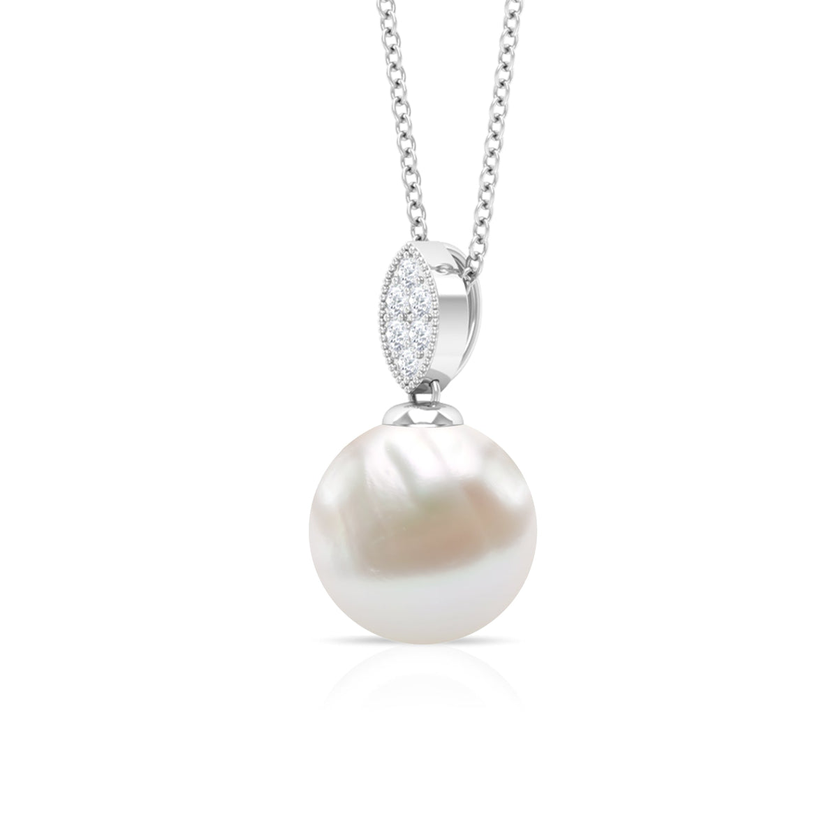 Marquise shape minimal pendant by Rosec Jewels with freshwater pearl drop and small diamond accent, elegant jewelry piece.