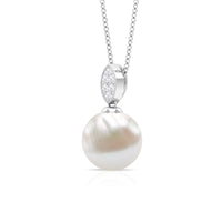 Marquise shape minimal pendant by Rosec Jewels with freshwater pearl drop and small diamond accent, elegant jewelry piece.