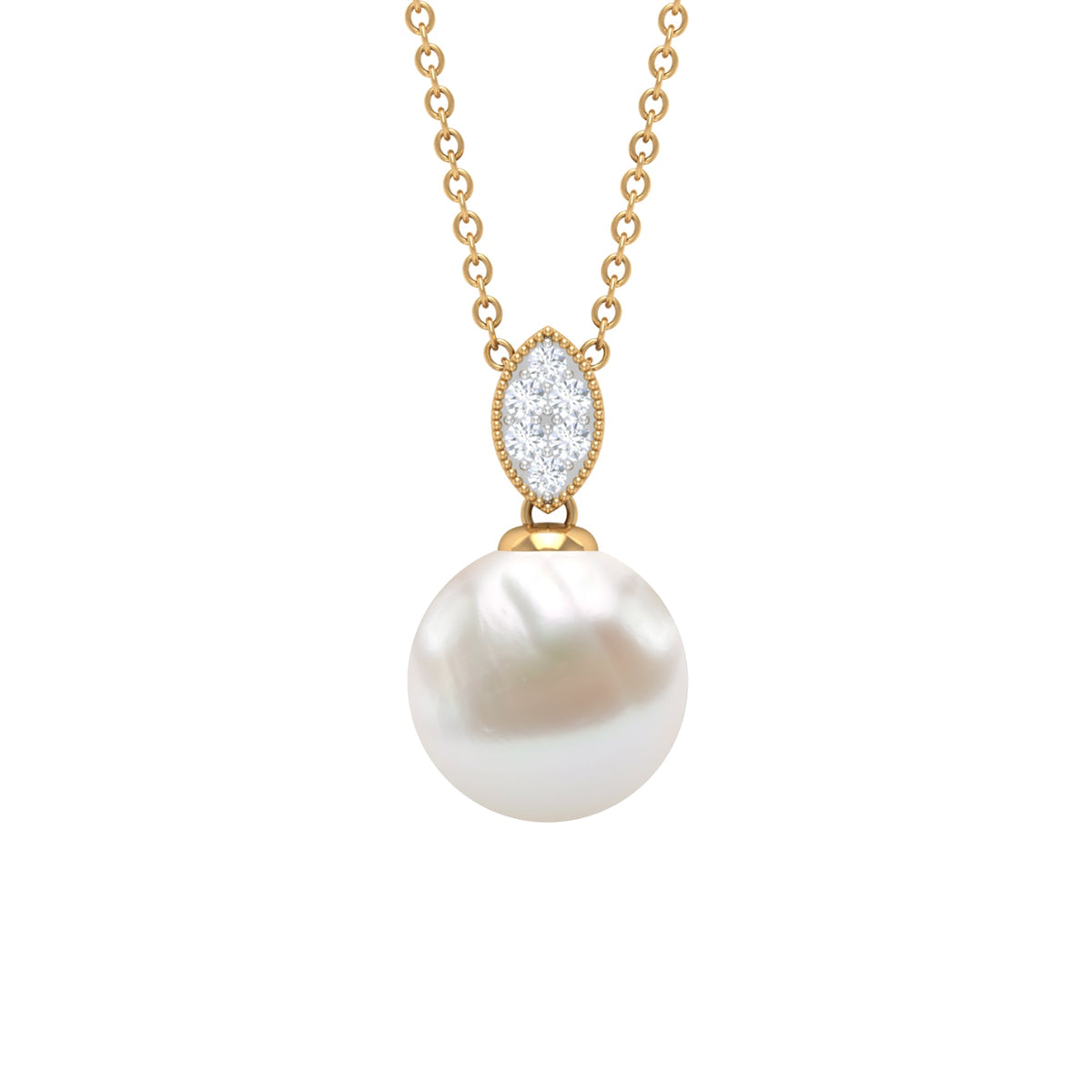 Marquise-shaped pendant by Rosec Jewels featuring a freshwater pearl drop and sparkling diamonds on a delicate chain