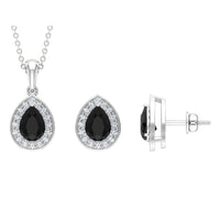 Natural Black Onyx Teardrop Pendant and Earrings Set with Diamond