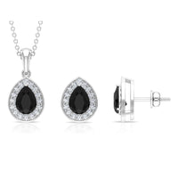 Natural Black Onyx Teardrop Pendant and Earrings Set with Diamond