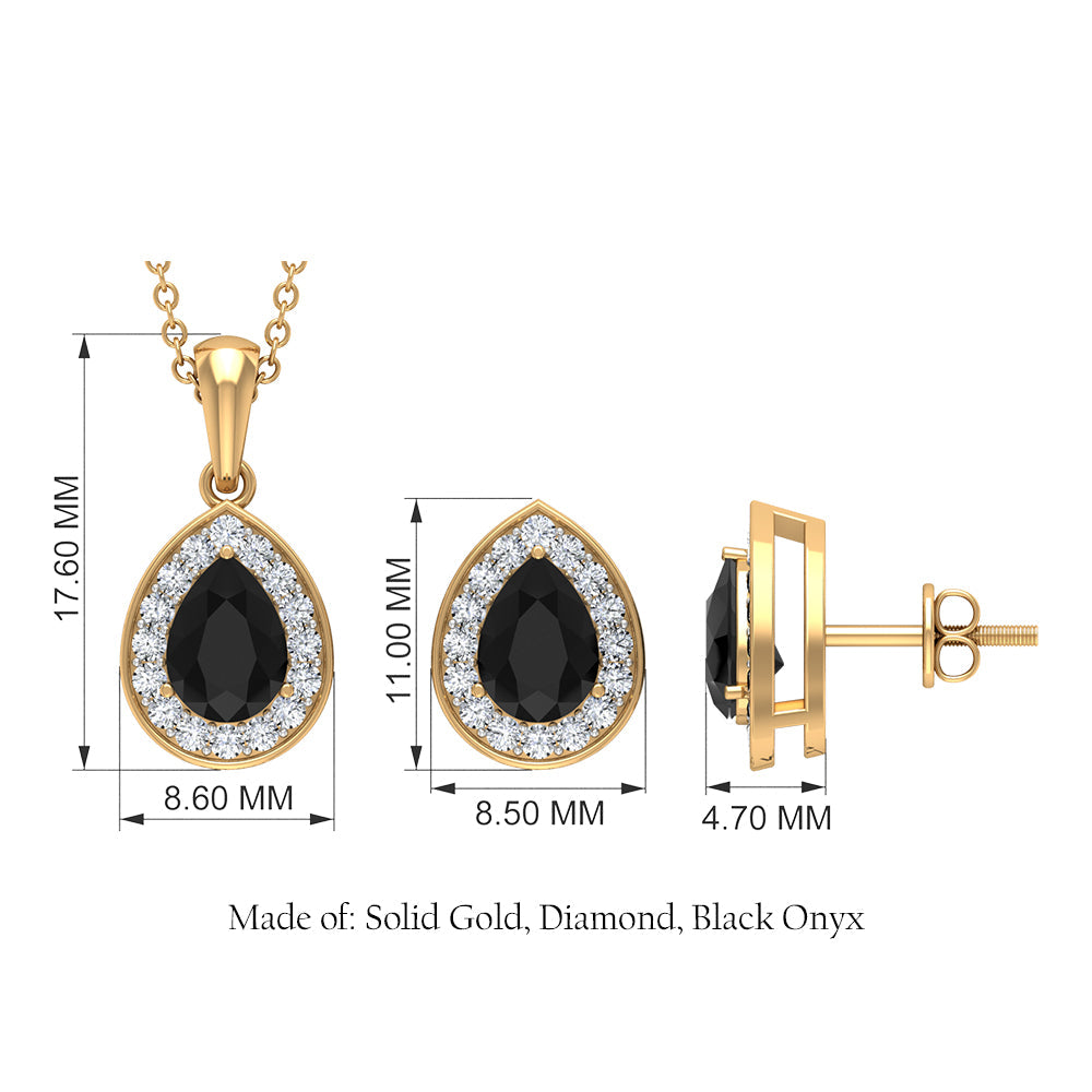 Natural Black Onyx Teardrop Pendant and Earrings Set with Diamond