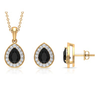 Natural Black Onyx Teardrop Pendant and Earrings Set with Diamond