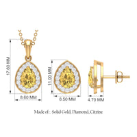 Natural 1.8 Carat Citrine Teardrop Necklace and Earrings Set with Diamond Halo