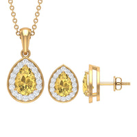 Natural 1.8 Carat Citrine Teardrop Necklace and Earrings Set with Diamond Halo