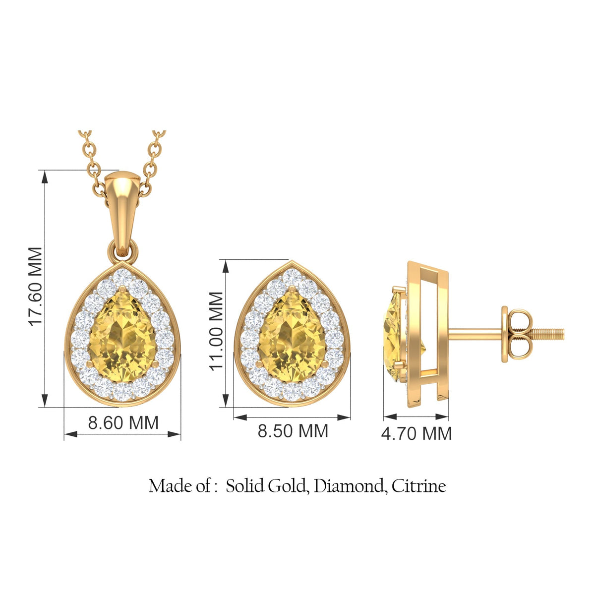 Natural 1.8 Carat Citrine Teardrop Necklace and Earrings Set with Diamond Halo