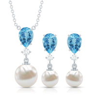 Swiss Blue Topaz and Diamond Jewelry Set with Freshwater Pearl Drop