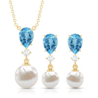 Swiss Blue Topaz and Diamond Jewelry Set with Freshwater Pearl Drop