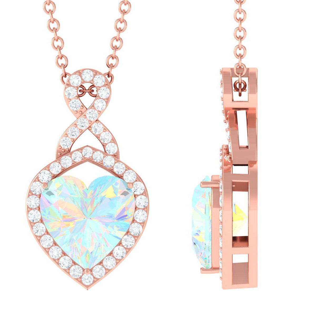 Heart-shaped Ethiopian opal infinity pendant with diamonds from Rosec Jewels, featuring a 2-carat opal centerpiece and elegant design.
