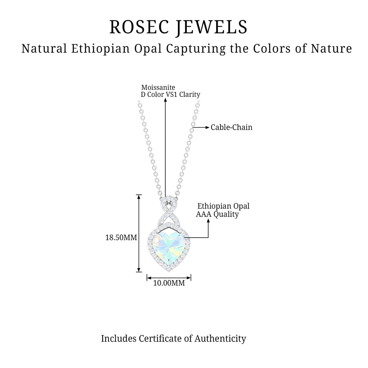 Heart-shaped Ethiopian opal infinity pendant with diamonds, featuring a 2-carat opal and sparkling accents, from Rosec Jewels.