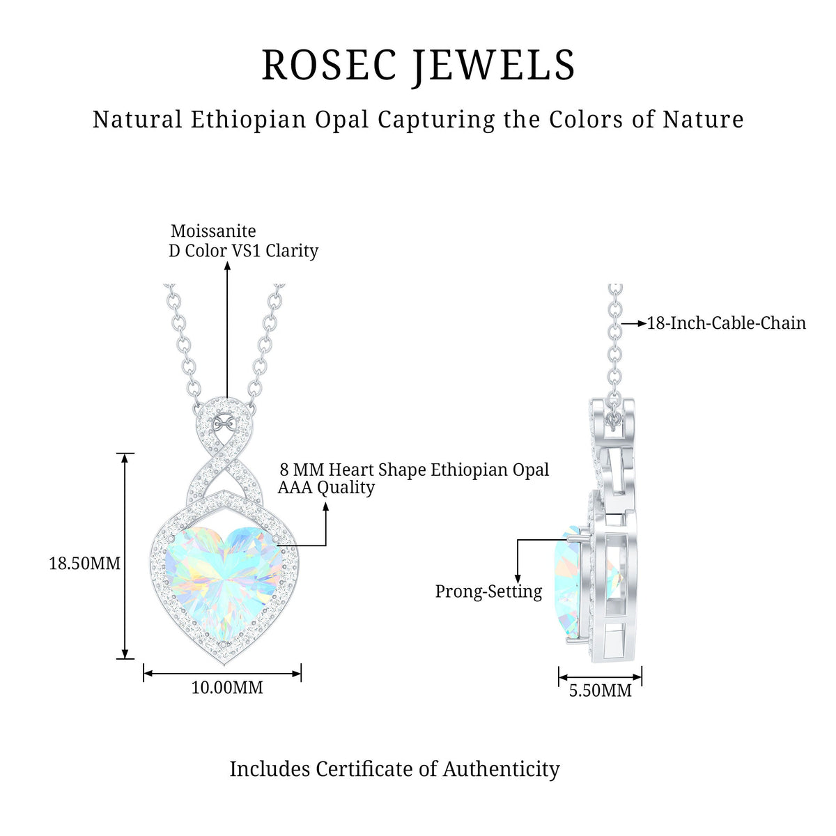 Heart-shaped Ethiopian opal infinity pendant with diamonds, featuring a 2-carat opal and elegant design from Rosec Jewels.