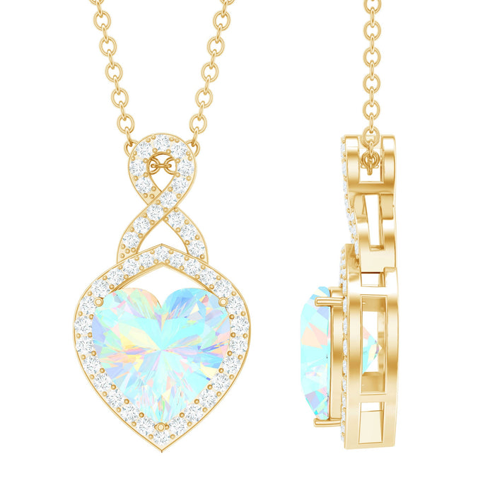 Heart-shaped Ethiopian opal infinity pendant with diamonds, featuring a 2-carat opal and intricate silver detailing.