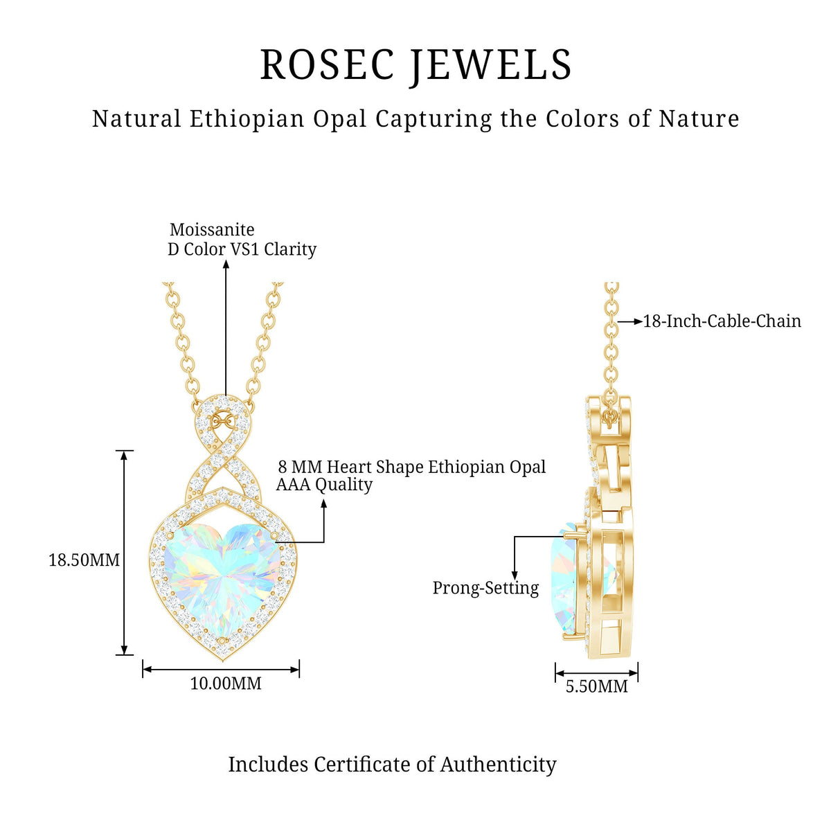 Heart-shaped Ethiopian opal infinity pendant with diamonds, featuring a 2-carat opal and elegant design by Rosec Jewels.