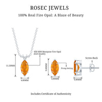 Genuine Marquise Cut Fire Opal Solitaire Necklace and Earring Set
