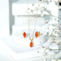 Genuine Marquise Cut Fire Opal Solitaire Necklace and Earring Set