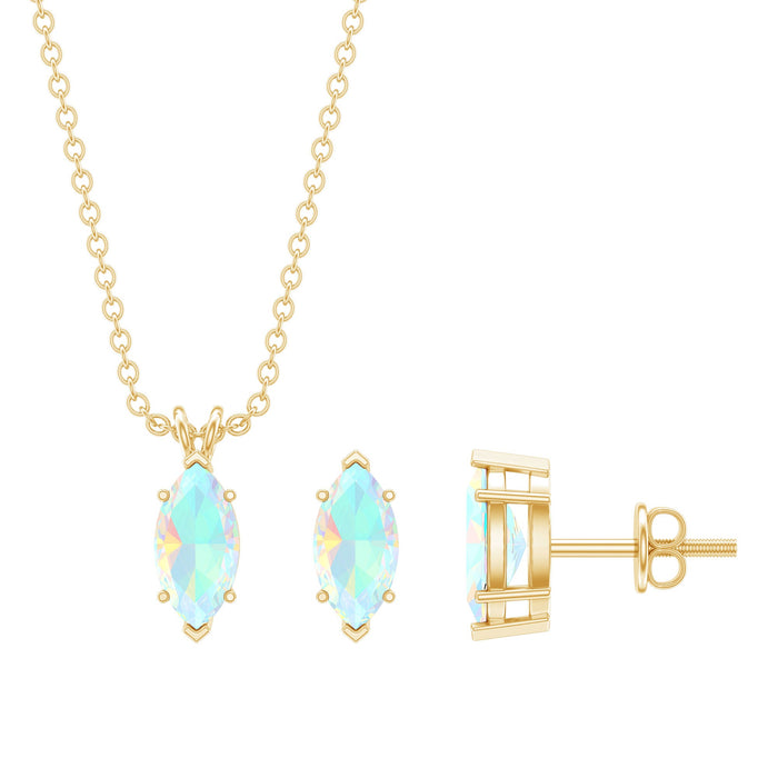 Marquise cut 4x8 mm Ethiopian opal solitaire jewelry set with matching earrings and necklace by Rosec Jewels.