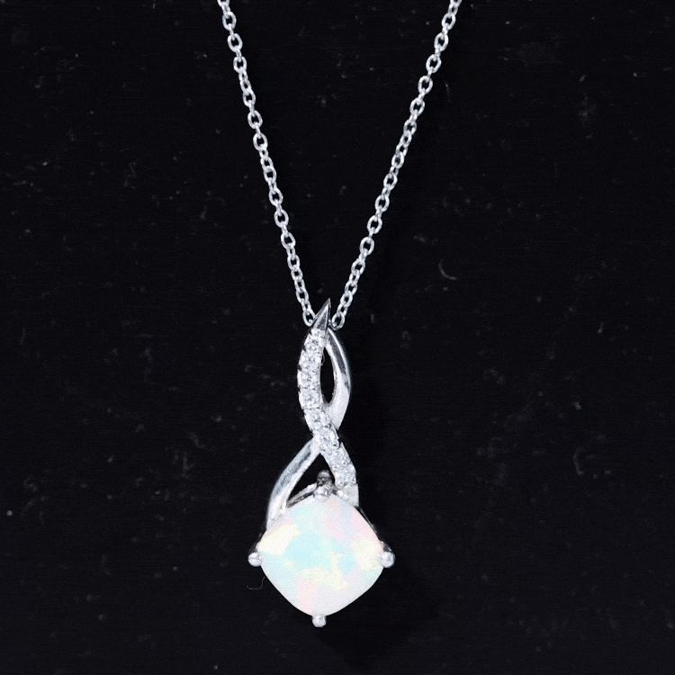 Cushion cut Ethiopian opal infinity pendant with silver chain by Rosec Jewels, featuring a vibrant 1.87 carat opal gemstone.