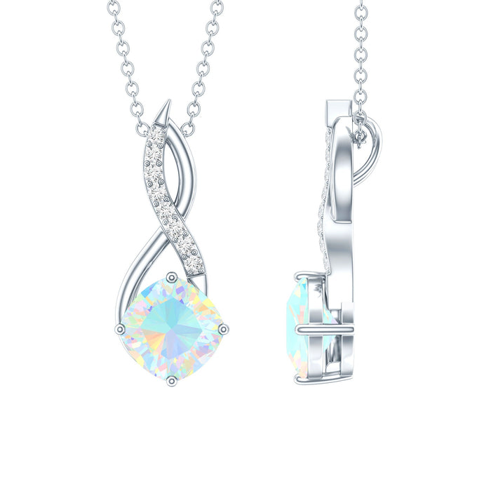 Cushion cut Ethiopian opal infinity pendant with 1.87 carats on a silver chain, showcasing vibrant colors and elegant design.