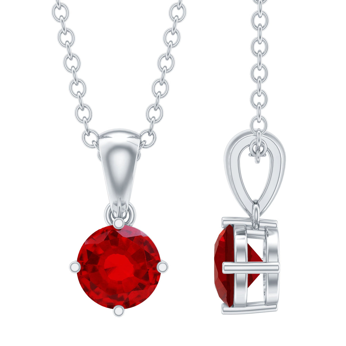 Women's lab-grown ruby solitaire pendant necklace with chain by Rosec Jewels, featuring a sparkling ruby gemstone and elegant design.
