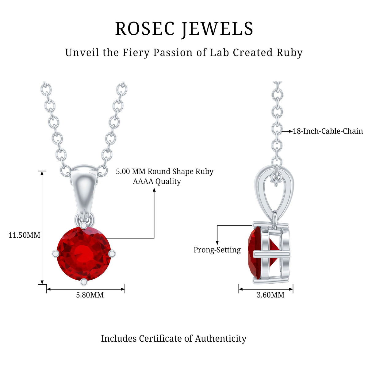 Women's lab-grown ruby solitaire pendant necklace with chain by Rosec Jewels, featuring a sparkling ruby gemstone centerpiece.