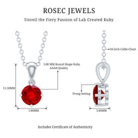 Women's lab-grown ruby solitaire pendant necklace with chain by Rosec Jewels, featuring a sparkling ruby gemstone centerpiece.