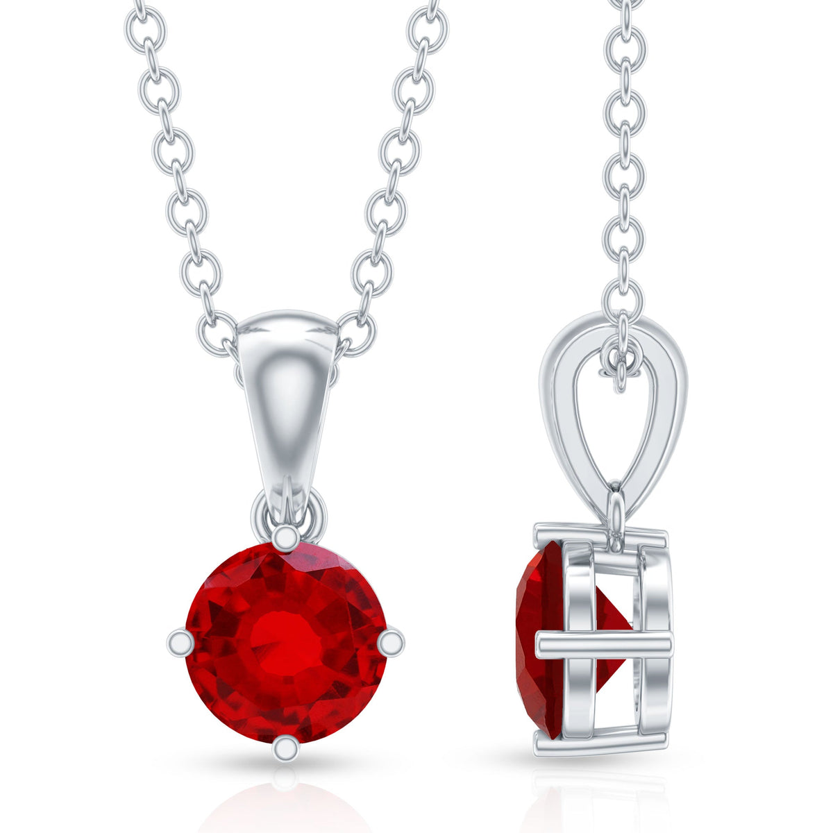 Women's lab-grown ruby solitaire pendant necklace with chain by Rosec Jewels, featuring a sparkling ruby gemstone and elegant design.