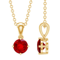 Women's lab-grown ruby solitaire pendant necklace with chain by Rosec Jewels, featuring a sparkling ruby gemstone centerpiece.
