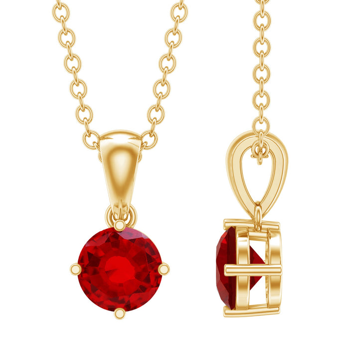 Women's lab-grown ruby solitaire pendant necklace with chain by Rosec Jewels, featuring a sparkling ruby gemstone centerpiece.