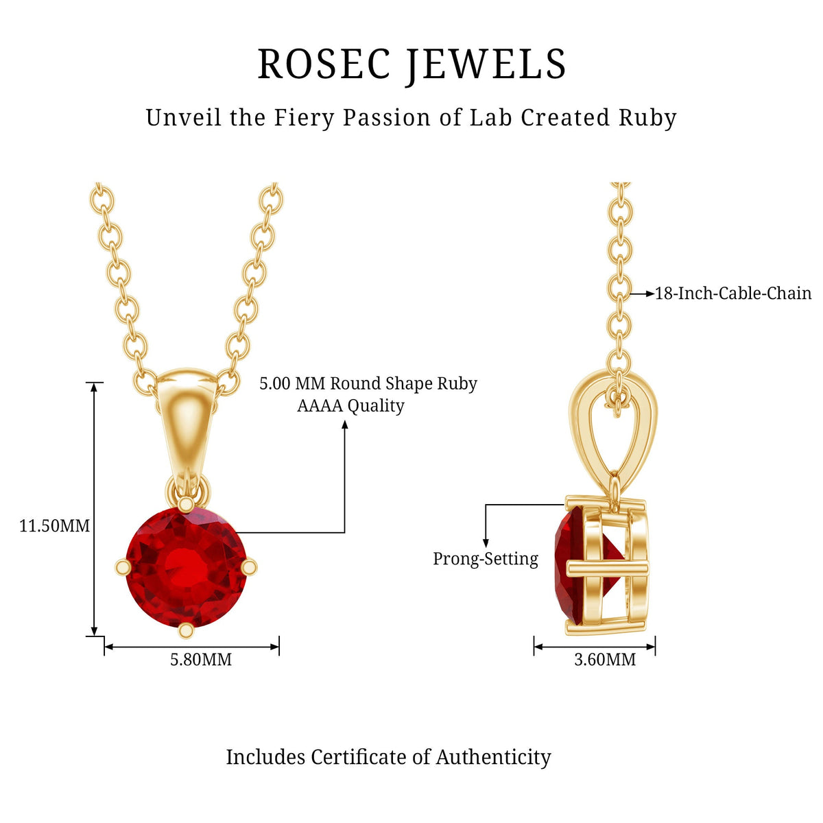 Women's lab-grown ruby solitaire pendant necklace with chain by Rosec Jewels, featuring a sparkling ruby gemstone.