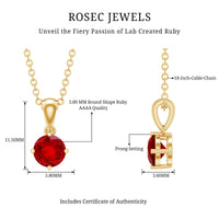 Women's lab-grown ruby solitaire pendant necklace with chain by Rosec Jewels, featuring a sparkling ruby gemstone.