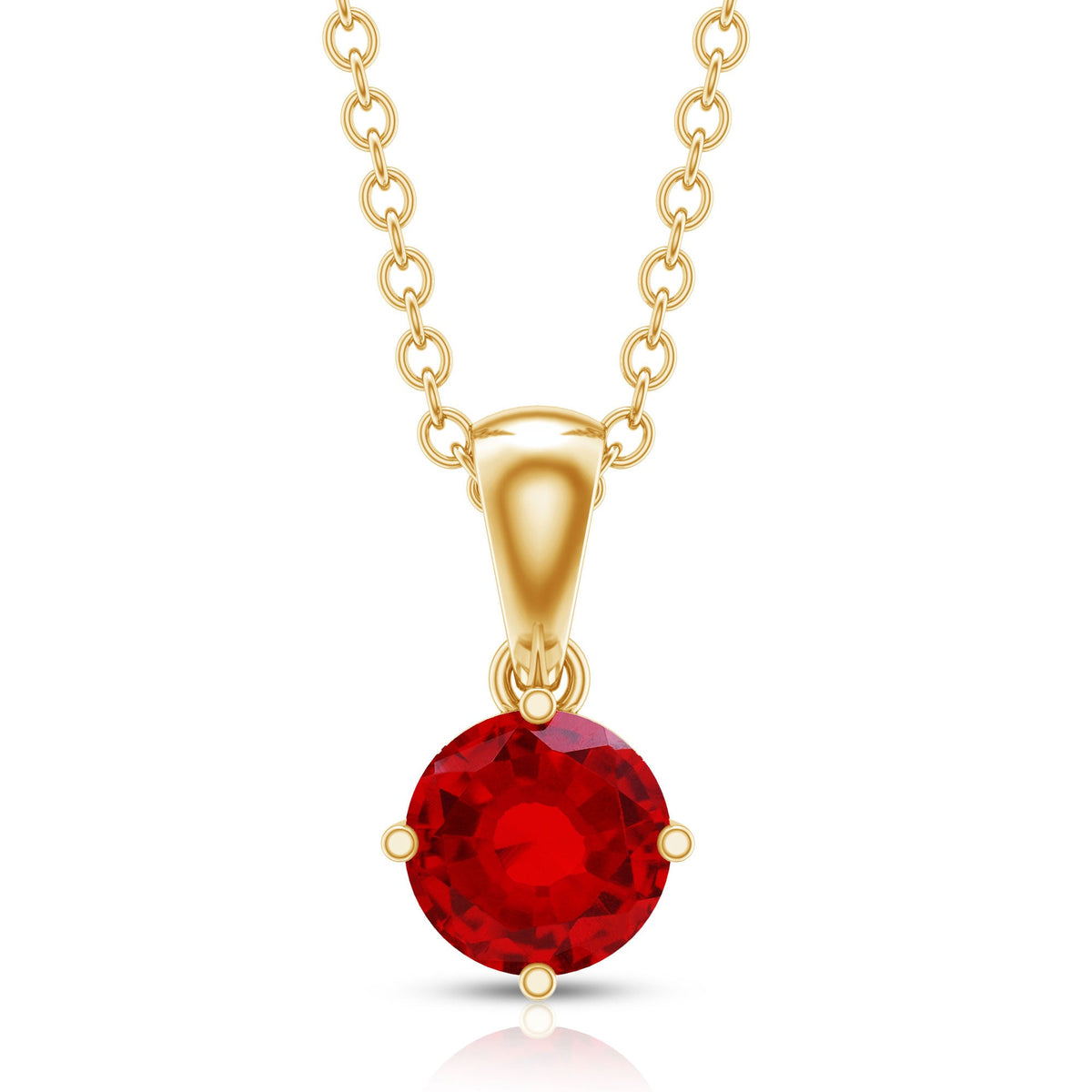 Women's lab-grown ruby solitaire pendant necklace with chain, featuring a sparkling ruby gemstone and elegant design by Rosec Jewels.