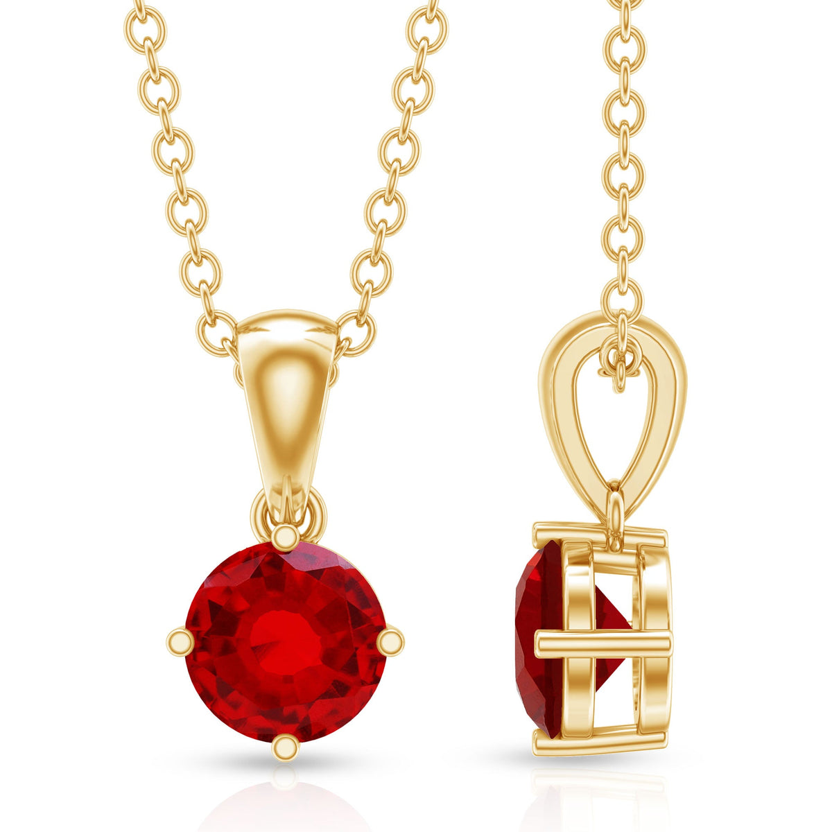Women's lab-grown ruby solitaire pendant necklace with chain from Rosec Jewels, featuring a sparkling ruby gemstone centerpiece.