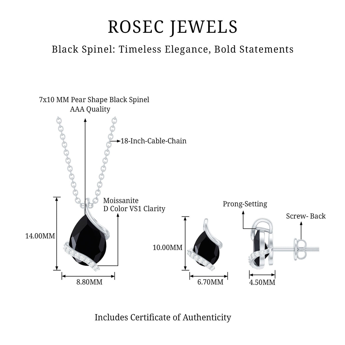 Natural Black Spinel and Moissanite Teardrop Jewelry Set in Silver
