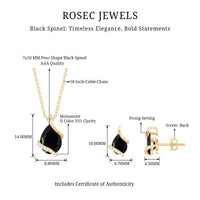 Pear Shaped Black Spinel and Moissanite Teardrop Necklace Earrings Set